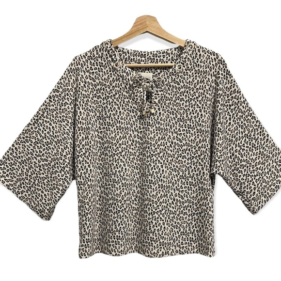 Chico’s Blouse Cheetah Leopard Animal Print Dolman Sleeve Bow Tie Womens Small S - Picture 1 of 13